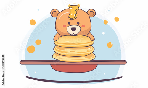 Adorable cartoon bear enjoys a stack of delicious pancakes drizzled with golden honey