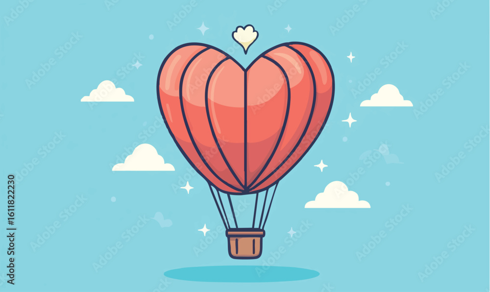 Fototapeta premium Whimsical heart-shaped hot air balloon floats serenely through a bright blue sky with fluffy clouds