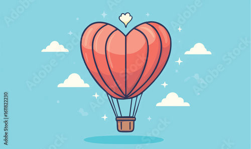 Whimsical heart-shaped hot air balloon floats serenely through a bright blue sky with fluffy clouds
