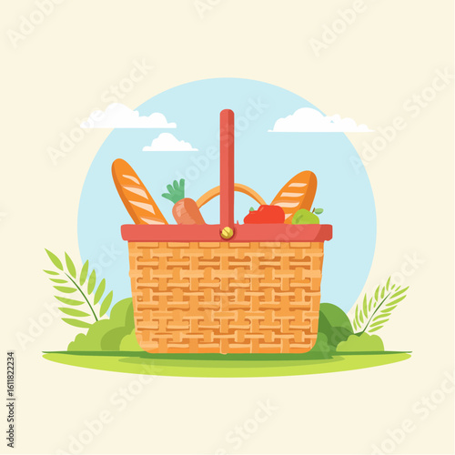 Woven wicker picnic basket with a red handle filled with fresh bread apple carrot and pepper.