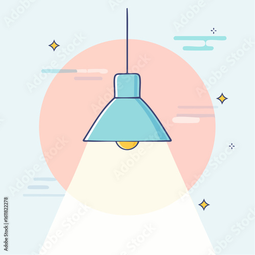 Minimalist blue pendant lamp illustration with a glowing yellow bulb and a bright cone of light.