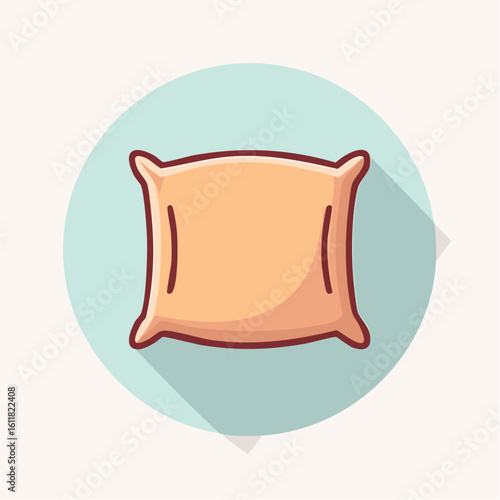 Flat design illustration of a soft peach-colored square pillow with a dark red outline and plush corners.