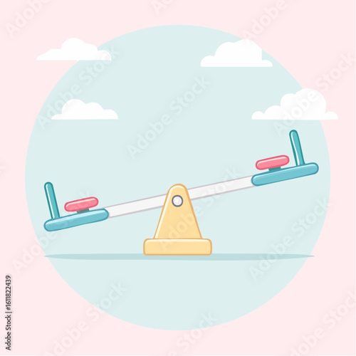 Colorful cartoon playground seesaw with blue seats and pink cushions tilted on a yellow fulcrum.
