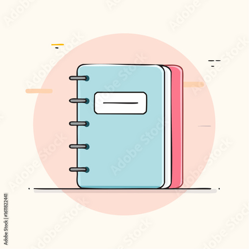 A cute spiral-bound notebook with a pastel blue cover pink back and a blank white label depicted in a flat outlined cartoon style.