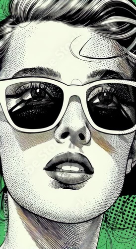 Pop art illustration of a stylish woman in white sunglasses with bold shadows and halftone textures — perfect for fashion editorials, retro posters, urban wall art, or creative branding materials