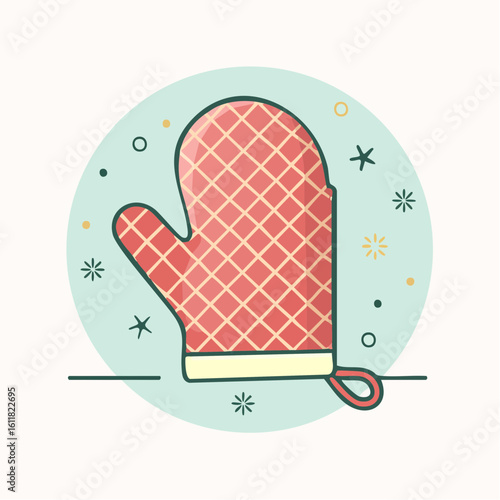 Flat design illustration of a red kitchen oven mitt with a quilted diamond pattern and cream cuff.