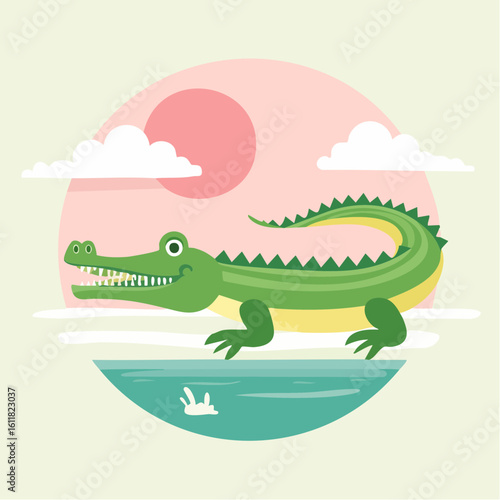 Smiling green cartoon crocodile with a spiky back yellow belly and a toothy grin.