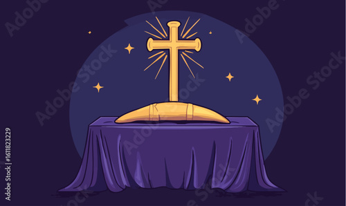 Sacred golden cross illuminated with divine light against a starry night sky