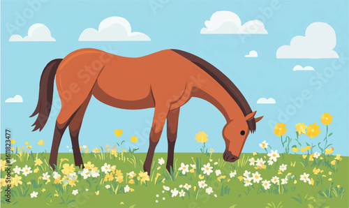 Peaceful brown horse grazing in a vibrant meadow filled with blooming wildflowers under a clear blue sky