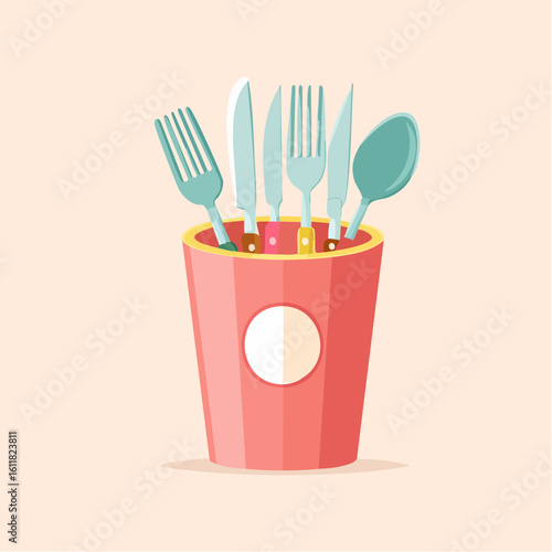 A red utensil holder with a circular label filled with teal-colored forks knives and a spoon in a flat design style.