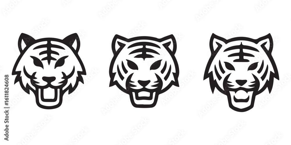 Fototapeta premium Tiger Head Icon Set – Wild Animal Vector Silhouettes and Emblems