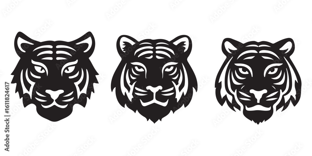 Fototapeta premium Tiger Head Icon Set – Wild Animal Vector Silhouettes and Emblems