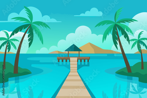 Tropical paradise with palm trees and a pier leading to a gazebo over turquoise water