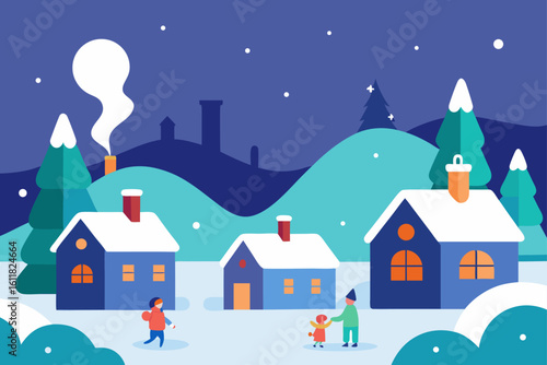 Charming winter village scene with snow covered houses and people enjoying the snow