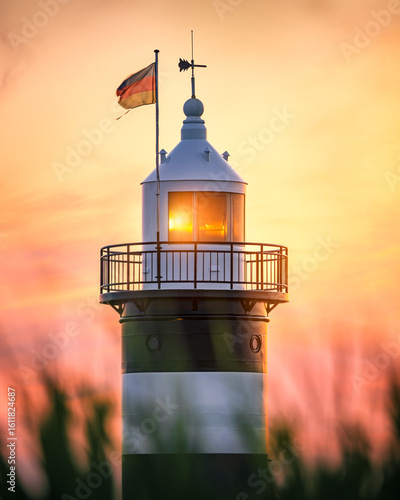 Sonnenuntergang an einem kleinen Leuchtturm an der deutschen Nordseeküste.