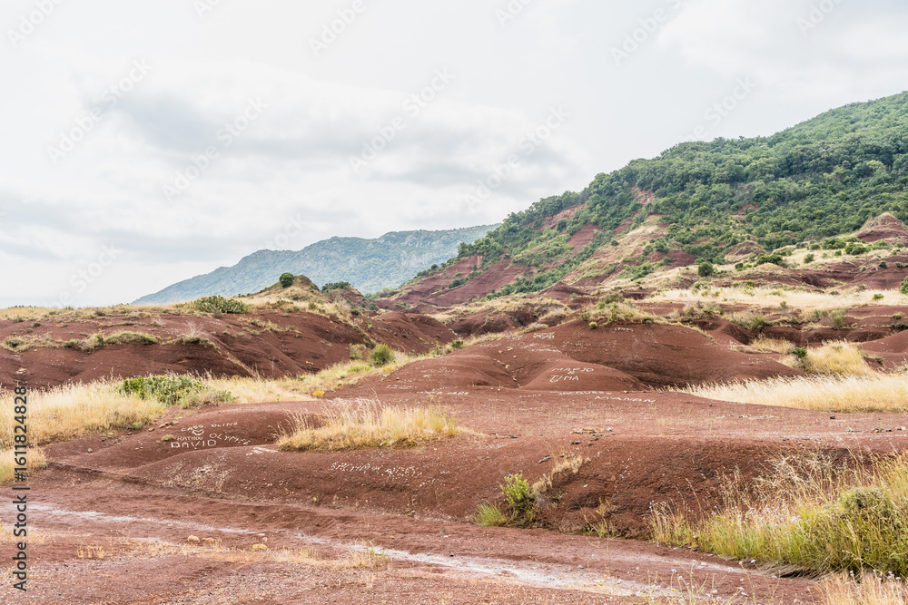 Fototapeta premium Lac du Salagou avec falaises rouges, colline, montagne et arbre, Hérault, Occitanie, France