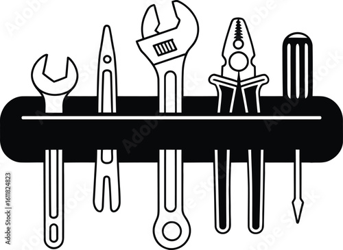 Silhouette Vector of Hand Tools Hanging on Wall Mount – Wrench, Pliers, Screwdriver, Spanner, and Scissors