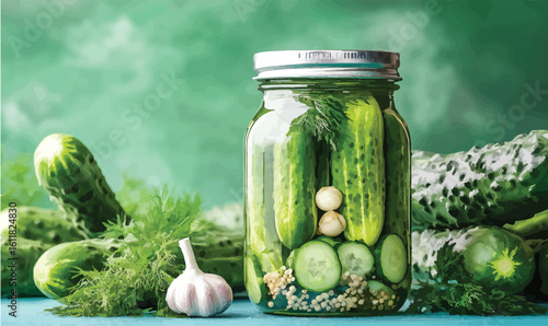 Fresh cucumbers, garlic, and dill ready for pickling in a glass jar with brine