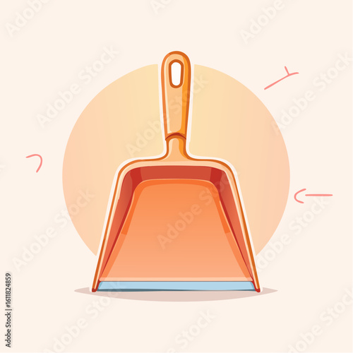Stylized orange plastic dustpan with a red interior and blue rubber lip standing upright.