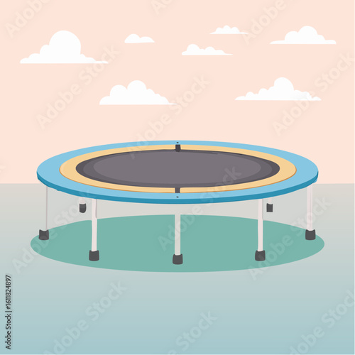 Colorful round outdoor trampoline with a blue safety pad yellow ring and dark grey jumping mat.