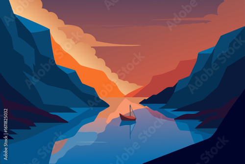 Serene fjord landscape at sunset with a solitary boat