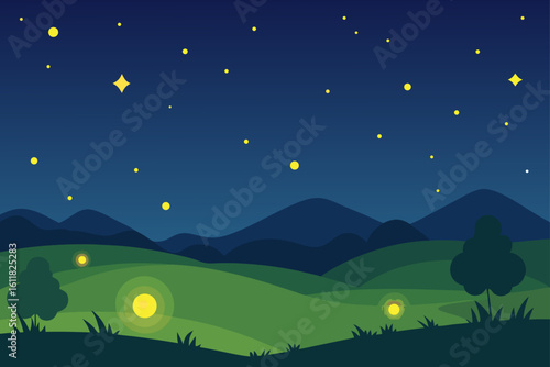 Serene night landscape with rolling green hills under a starry sky and glowing fireflies