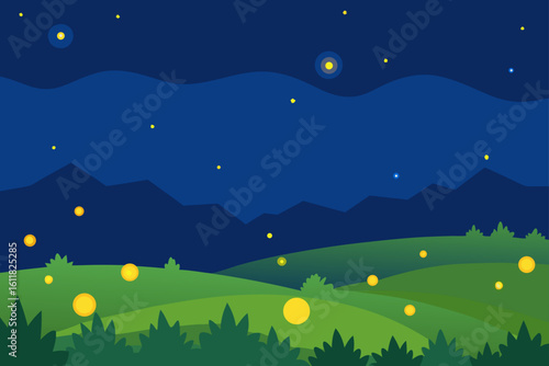 Magical night landscape with rolling green hills and glowing fireflies under a starry dark blue sky