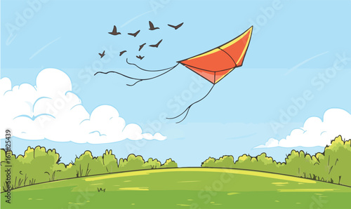 Vibrant kite soars joyfully with flock of birds across a clear blue sky