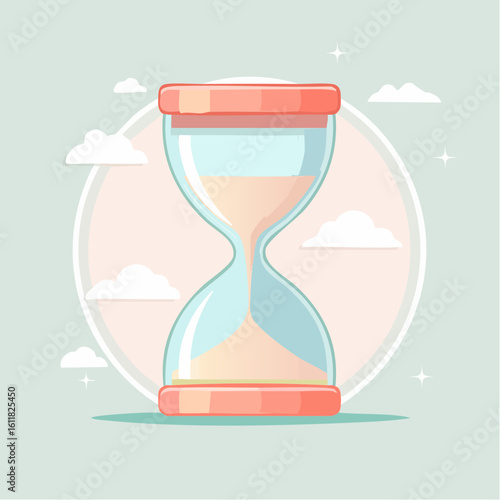 Stylized hourglass illustration with blue glass orange caps and flowing white sand.