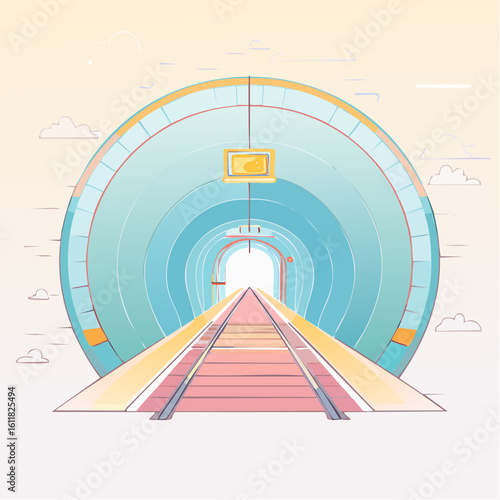 Modern illustration of a circular subway tunnel with a hanging sign and colorful pastel railway tracks.