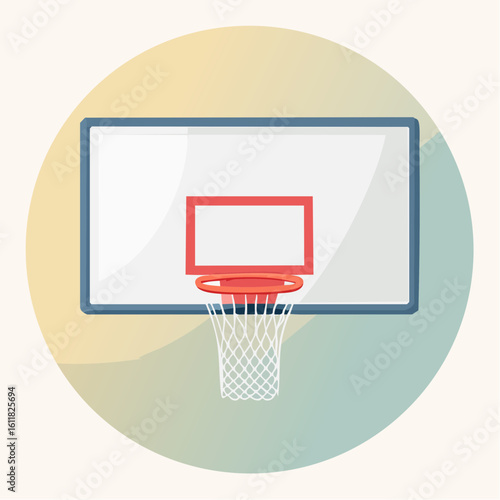 Front view illustration of a basketball hoop with a blue-framed backboard red rim and white net.