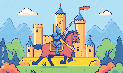 Brave knight on horseback rides towards a majestic castle under a bright blue sky