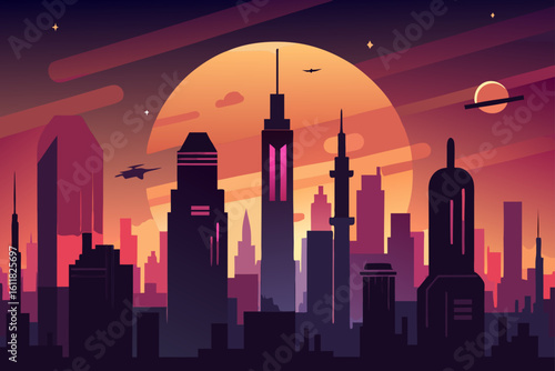 Futuristic cityscape silhouette against a vibrant sunset with a large moon and flying vehicles