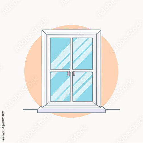 Closed white double casement window with four reflective blue glass panes pink handles and a prominent sill.