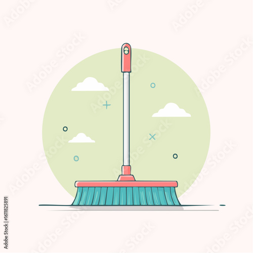 Stylized cleaning broom with a long handle red plastic frame and dense turquoise bristles.