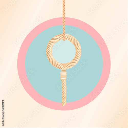 Stylized hanging bell pull made of twisted beige rope featuring a circular ring and a short tassel.