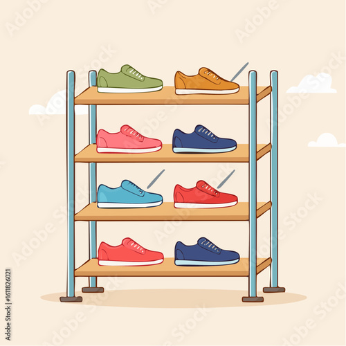 A collection of colorful cartoon sneakers neatly arranged on a four-tier wooden shoe rack.