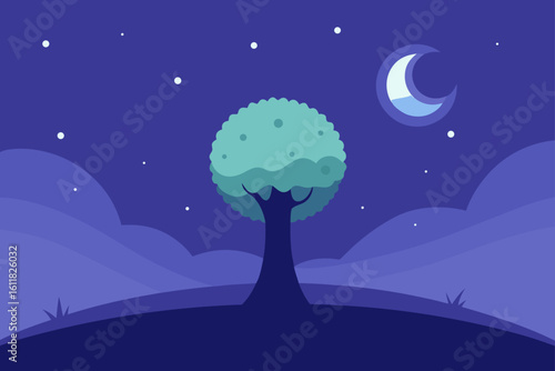 Stylized night landscape with a solitary tree crescent moon and starry sky