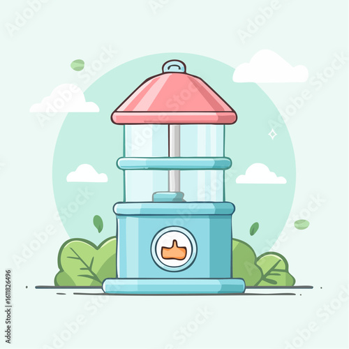 Whimsical blue cartoon dispenser with a conical red roof and a thumbs-up emblem.