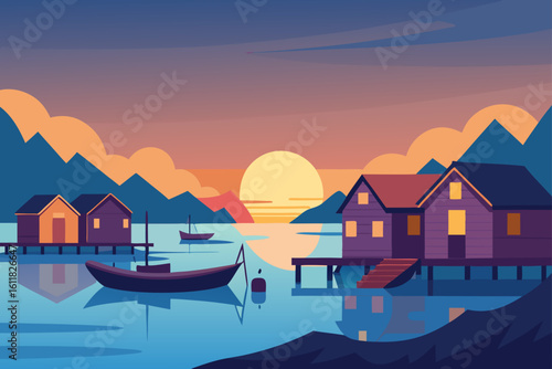 Serene coastal village with stilted houses and boats at sunset with vibrant sky