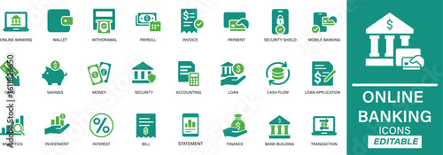 Online banking icon set in clean line style. Includes icons for mobile banking, transactions, accounts, digital payments, and security. Ideal for fintech apps, finance dashboards, and banking tools.

