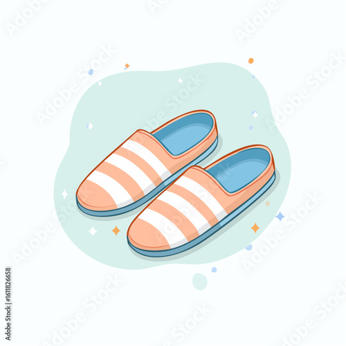 A cute cartoon illustration of cozy orange and white striped house slippers with blue soles.