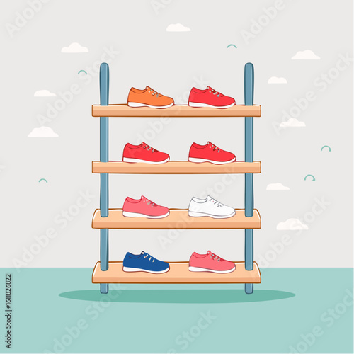 A four-tiered wooden shoe rack displaying a colorful collection of illustrated sneakers.