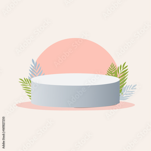 White cylindrical product podium with green and blue tropical leaves against a pink circle backdrop.