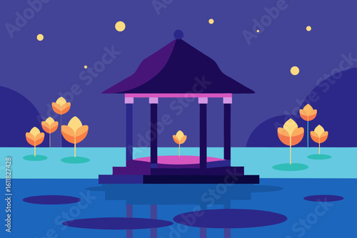 Serene night scene with a pagoda structure over water and glowing flowers