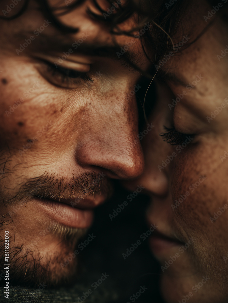 Obraz premium A photo that is a close up of a man and woman almost kissing, you can see their lips almost touching