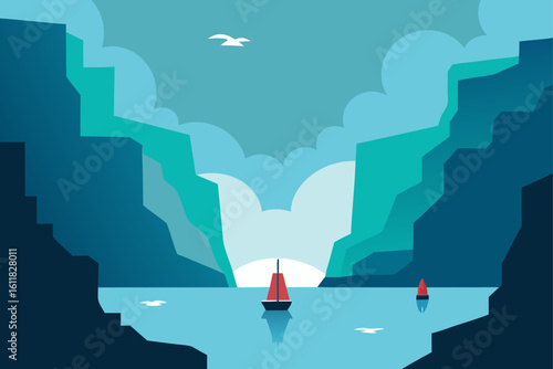 Sailboats navigate a serene fjord with dramatic cliffs and a bright sun peaking through clouds
