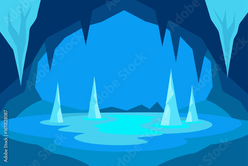 Stylized illustration of a vibrant blue ice cave with sharp stalactites and a shimmering pool