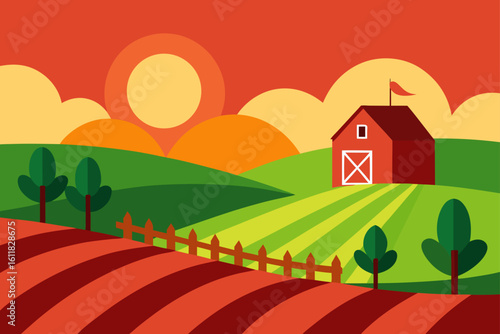 Stylized red barn on a rolling green hillside under a warm sunset sky