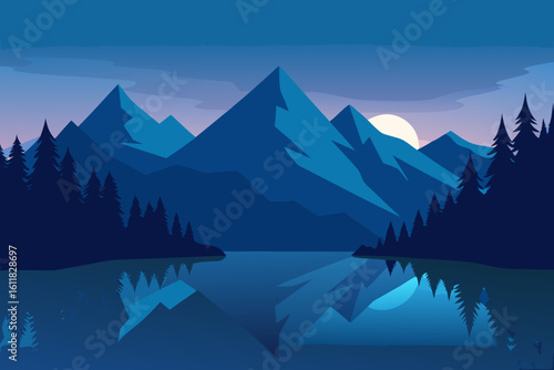 Serene mountain landscape with a calm lake reflecting the twilight sky and moon